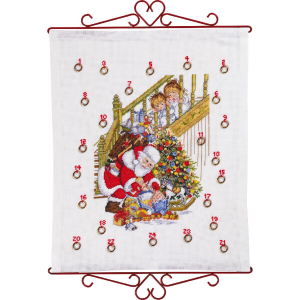 Eva Rosenstand Wandbehang Kreuzstich Set "Adventskalender, Weihnachtsmann mit Kinder", Zählmuster, 40x50cm