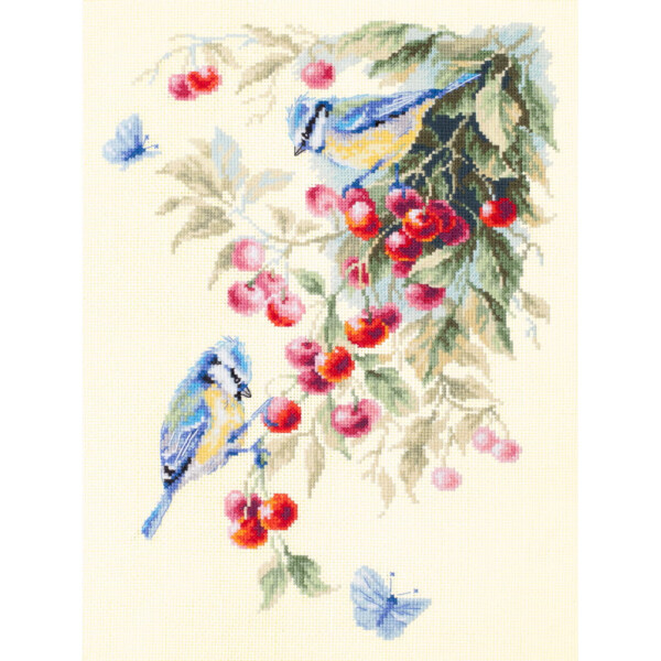 Magic Needle Zweigart Edition counted cross stitch kit "Blue Tits and Cherry", 25x35cm, DIY