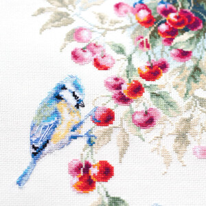 Magic Needle Zweigart Edition counted cross stitch kit "Blue Tits and Cherry", 25x35cm, DIY