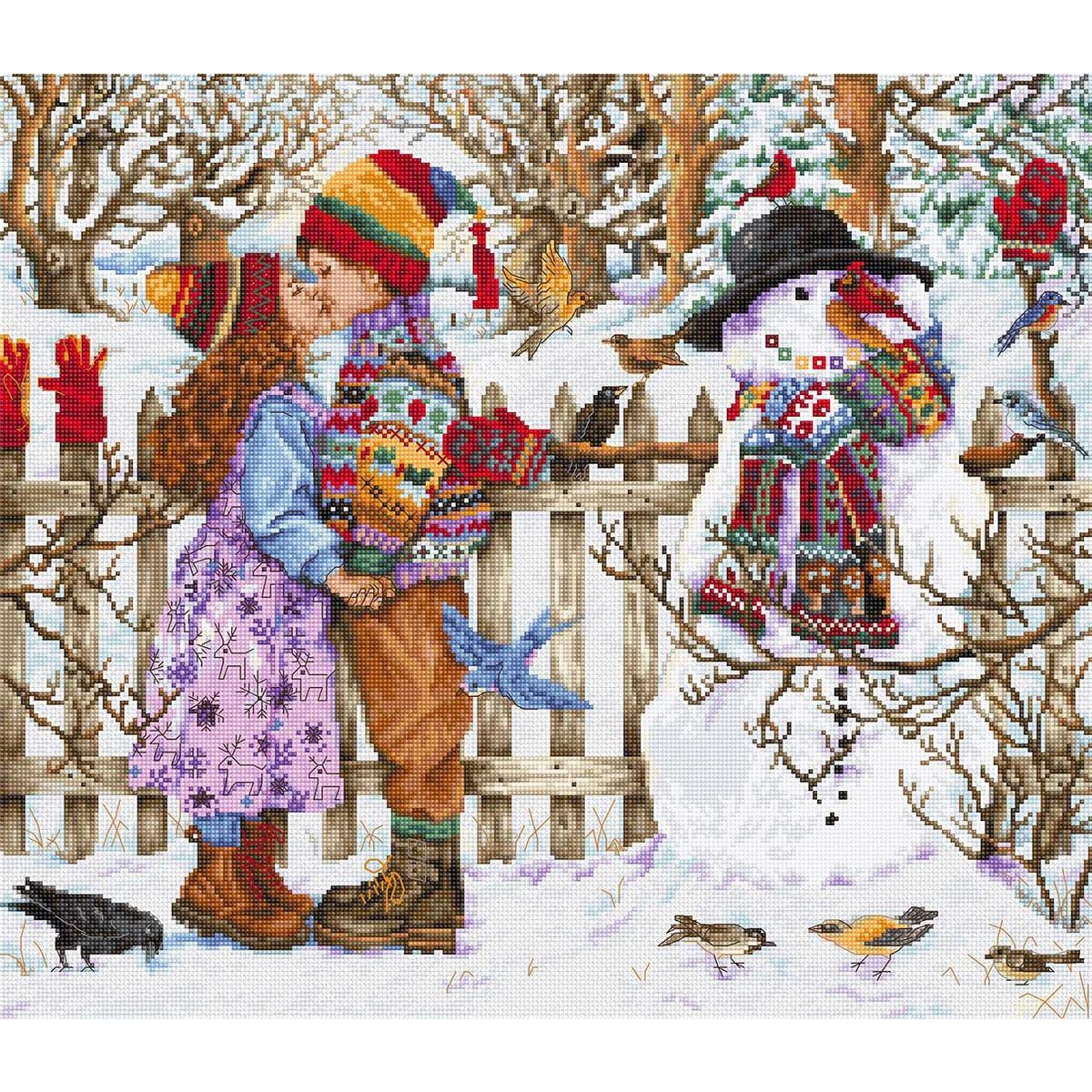 Un colorido paisaje invernal muestra a dos niños,...