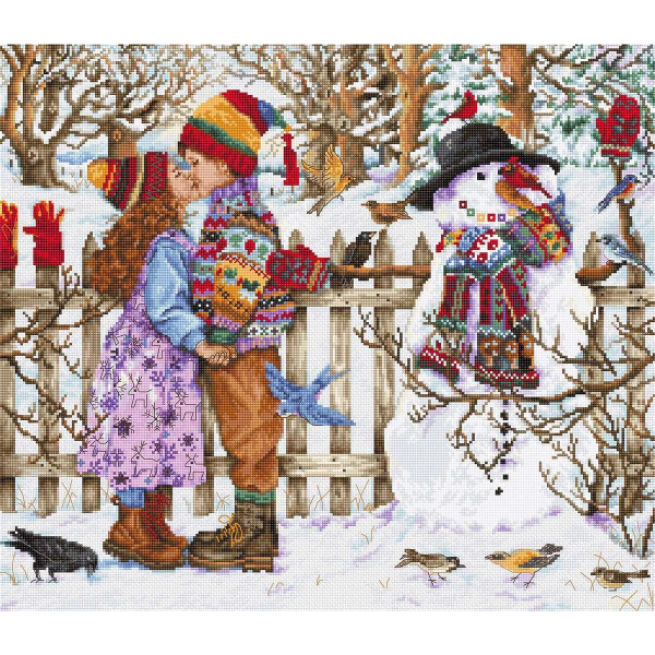 Een kleurrijk winterlandschap toont twee kinderen, gehuld in kleurrijke gebreide kleding, die een vogel tussen zich in houden op een houten hek. Naast hen staat een sneeuwpop met een zwarte muts en patchwork kleding. Vogels zitten en vliegen rond terwijl sneeuw alles bedekt, inclusief de kale bomen - perfect voor je volgende borduurpakket van Luca-s.
