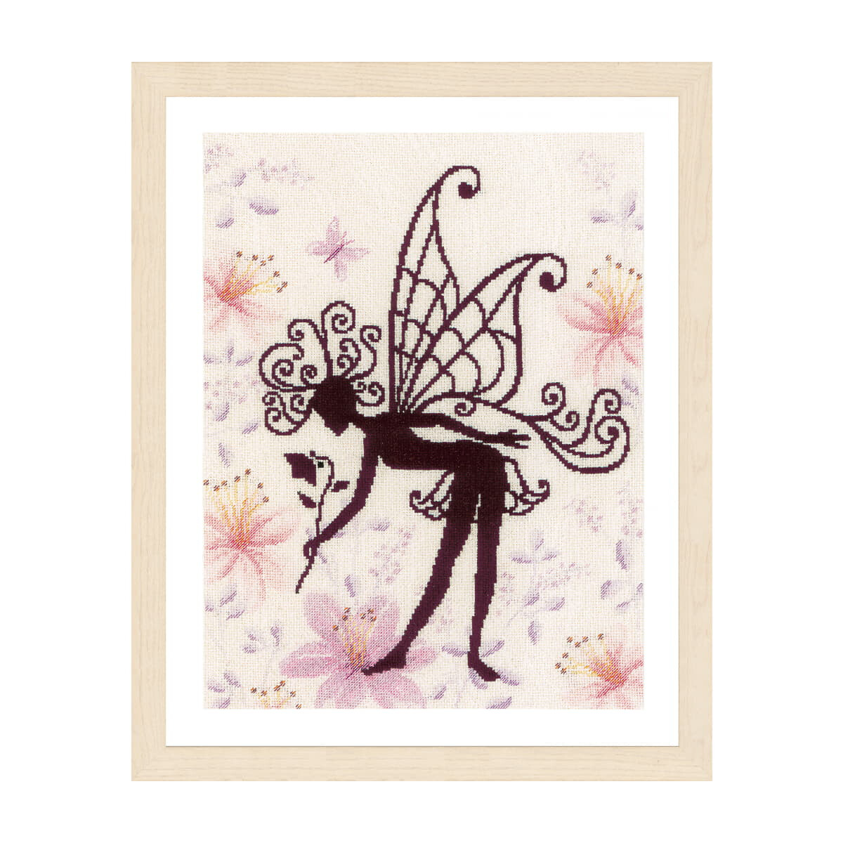 The silhouette of a fairy with curved, ornate wings bends...