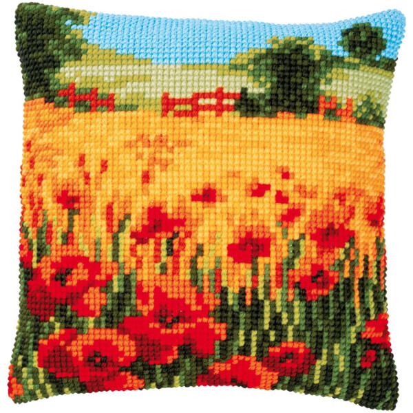 Vervaco stamped cross stitch kit cushion "Mohnblumen Landschaft", 40x40cm, DIY