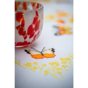 Vervaco stamped cross stitch kit tablechloth "Orange Blumen und Schmetterlinge", 80x80cm, DIY