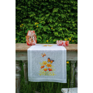 Vervaco Tafelloper kruissteekset "Oranje bloemen en vlinders", borduurmotief voorgetekend, 40x100cm