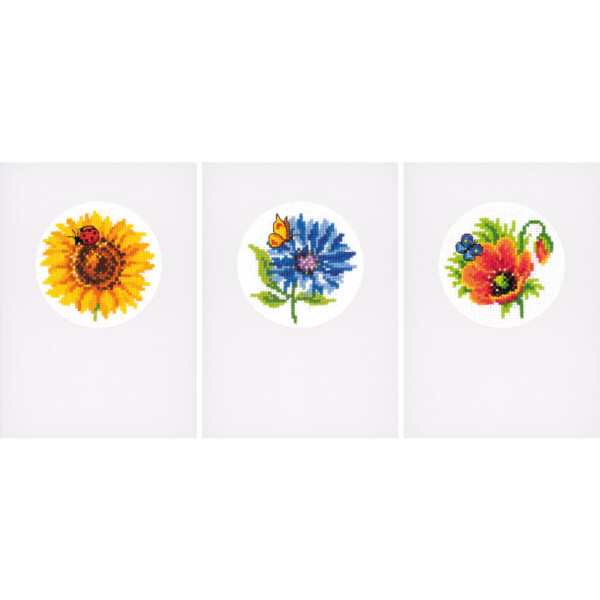 Vervaco Grußkarten Kreuzstich Set "Sommerblumen 3er Set" 3er Set, Zählmuster, 10,5x15cm