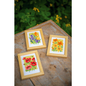 Vervaco miniature counted cross stitch kit "Summer flowers set of 3 pcs", 8x12cm, DIY