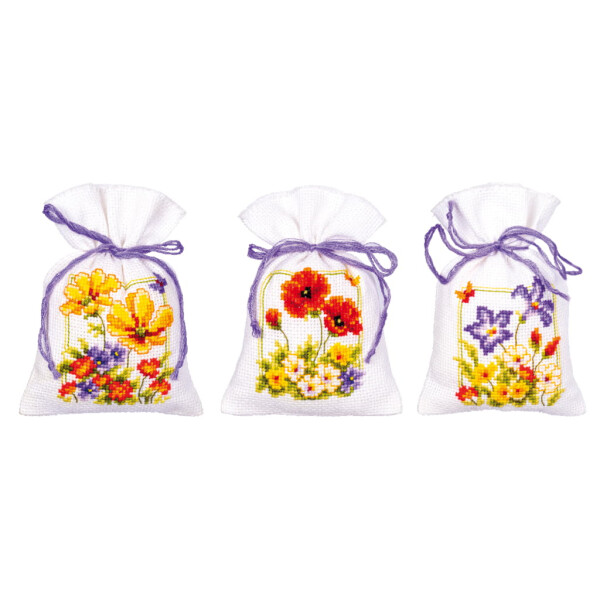 Vervaco counted herbal bags counted cross stitch kit "Summer flowers set of 3 pcs", 8x12cm, DIY