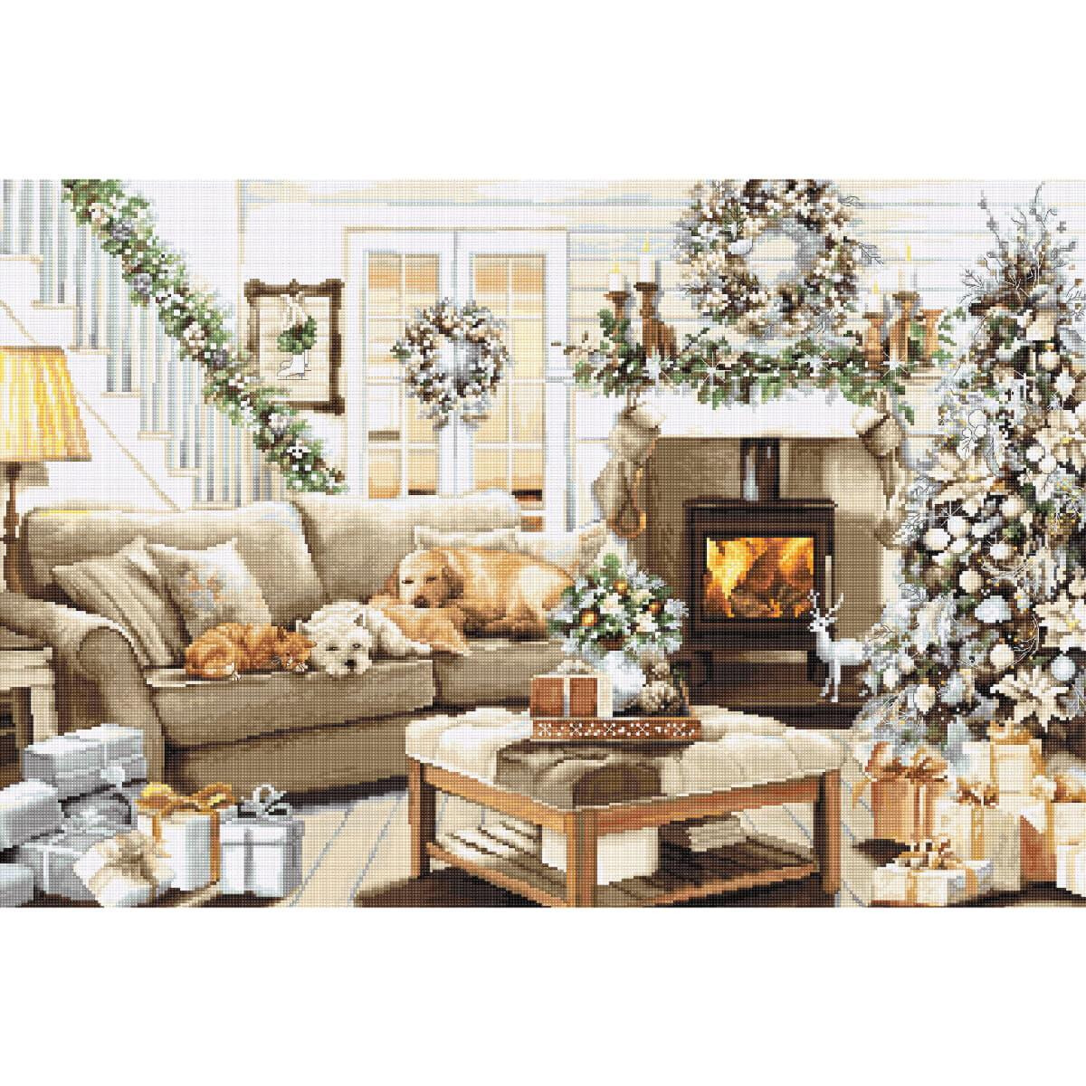 A cozy living room decorated for Christmas. On the right...