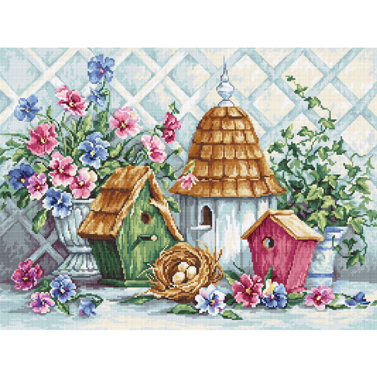 An enchanting garden scene with three birdhouses in...