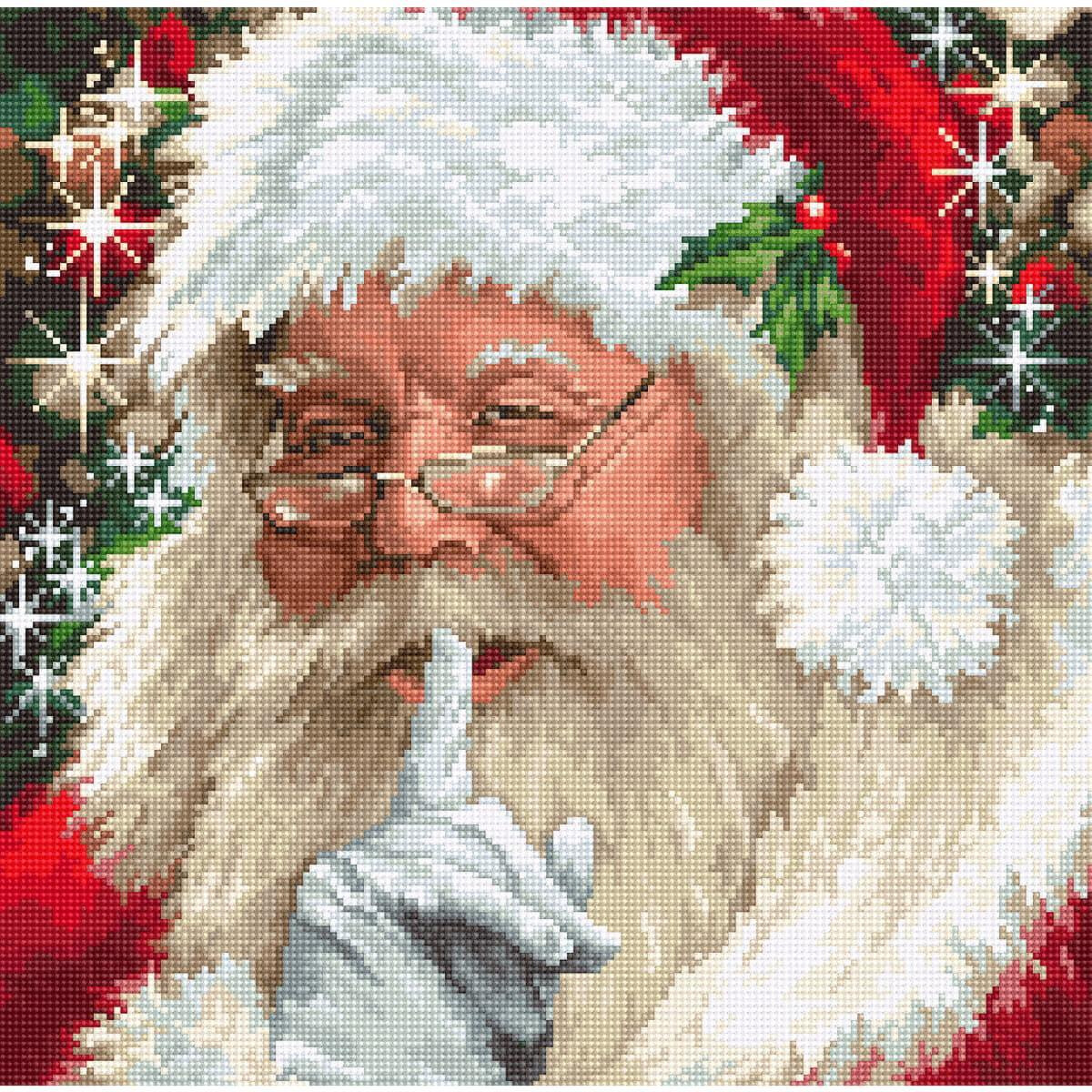 Cross-stitch picture of Santa Claus with white beard,...
