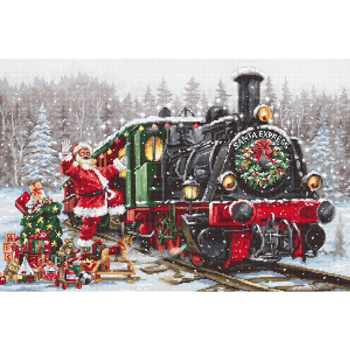 A festive scene shows Santa Claus next to a steam train...
