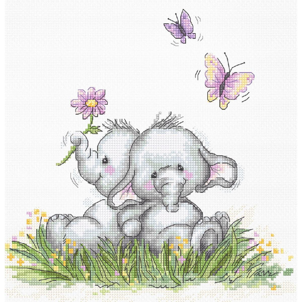 Due adorabili cuccioli di elefante siedono vicini sullerba verde e sorridono. Un elefante tiene un fiore rosa con la proboscide, mentre due farfalle viola svolazzano sopra di lui. La scena è incantevole e stravagante, quasi come un delizioso disegno della confezione da ricamo Luca-S che trasmette gioia e innocenza nella natura.