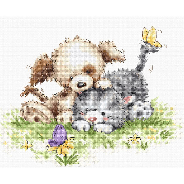 Luca-S counted cross stitch kit "Dog and cat with butterfly", 23x18cm, DIY