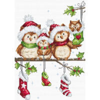 Eine festliche Stickpackung von Luca-s zeigt eine Familie von vier Eulen mit rot-weißen Weihnachtsmannmützen, die auf einem mit Stechpalmen geschmückten Zweig sitzen. Darunter hängen Weihnachtsstrümpfe und ein grüner Fäustling, die jeweils mit festlichen Mustern verziert sind. Ein kleines Eichhörnchen lugt aus dem Fäustling hervor, während Schneeflocken sanft um sie herum fallen.