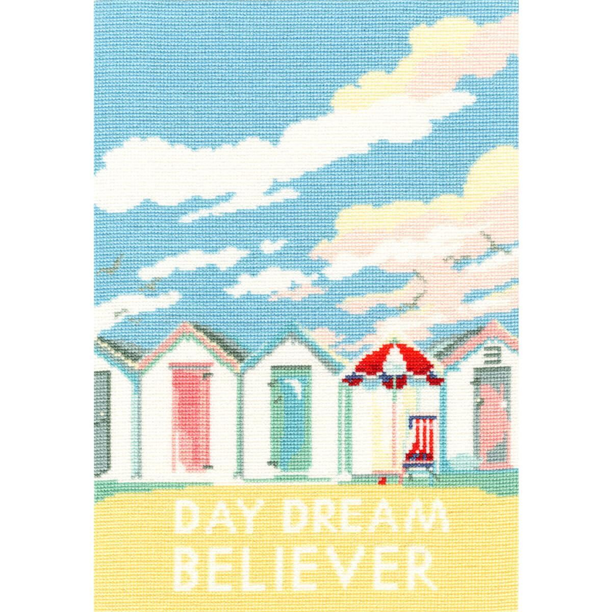 Illustration of colorful beach huts with blue sky and...