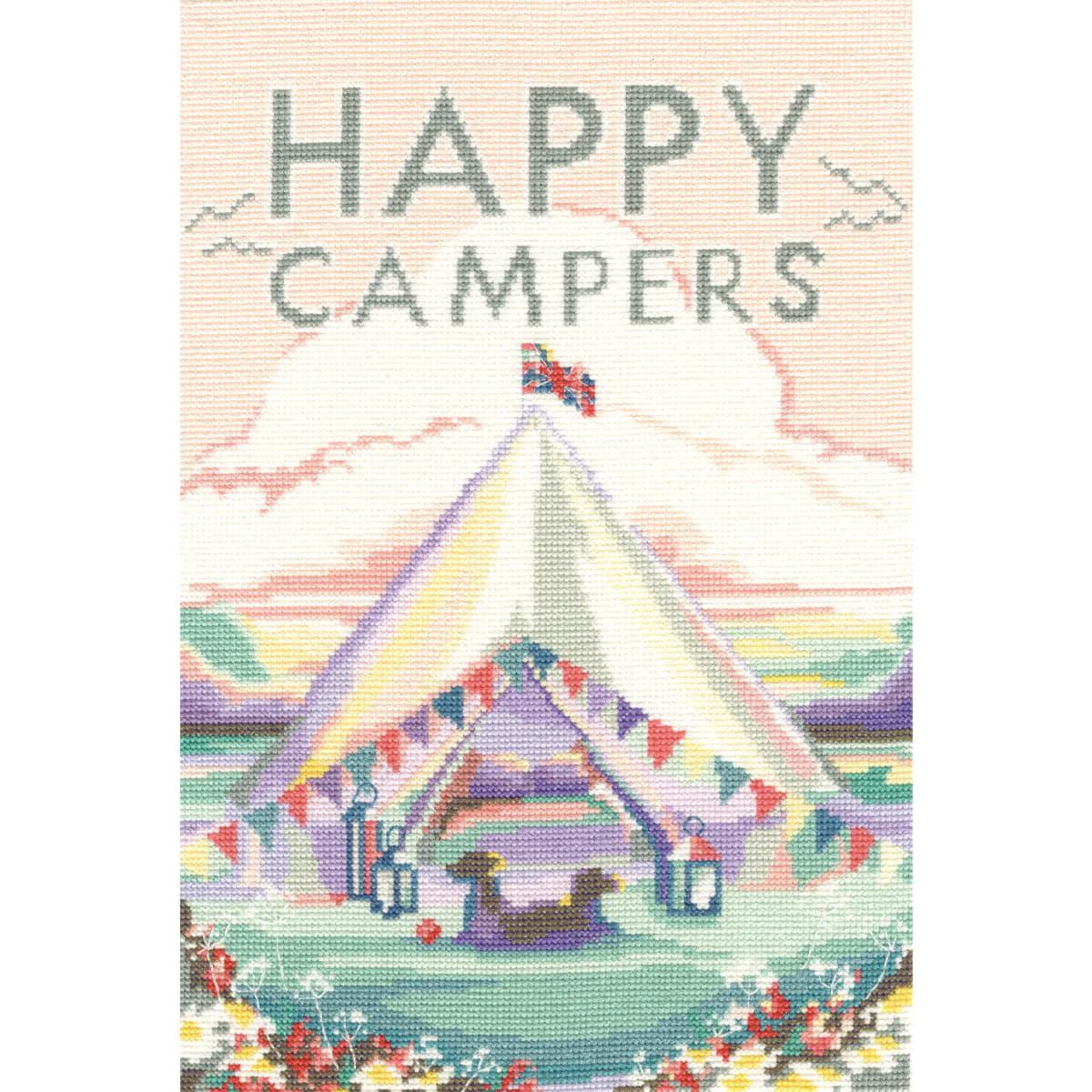 A tent with colorful flags stands on a lively flower...