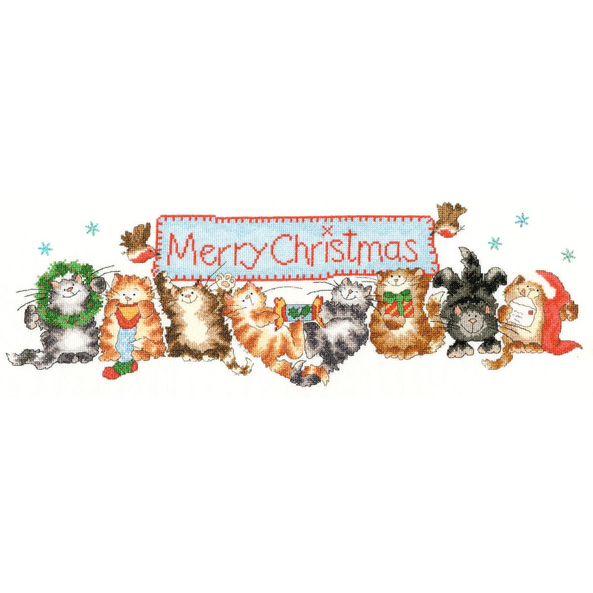 A group of cartoon cats in festive attire form a line and...