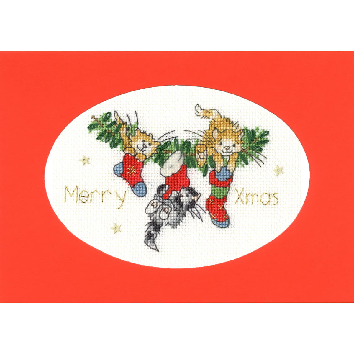 An embroidered Christmas greetings card with three...