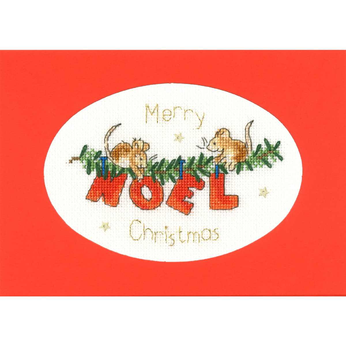 A Christmas card with a red background and an embroidered...