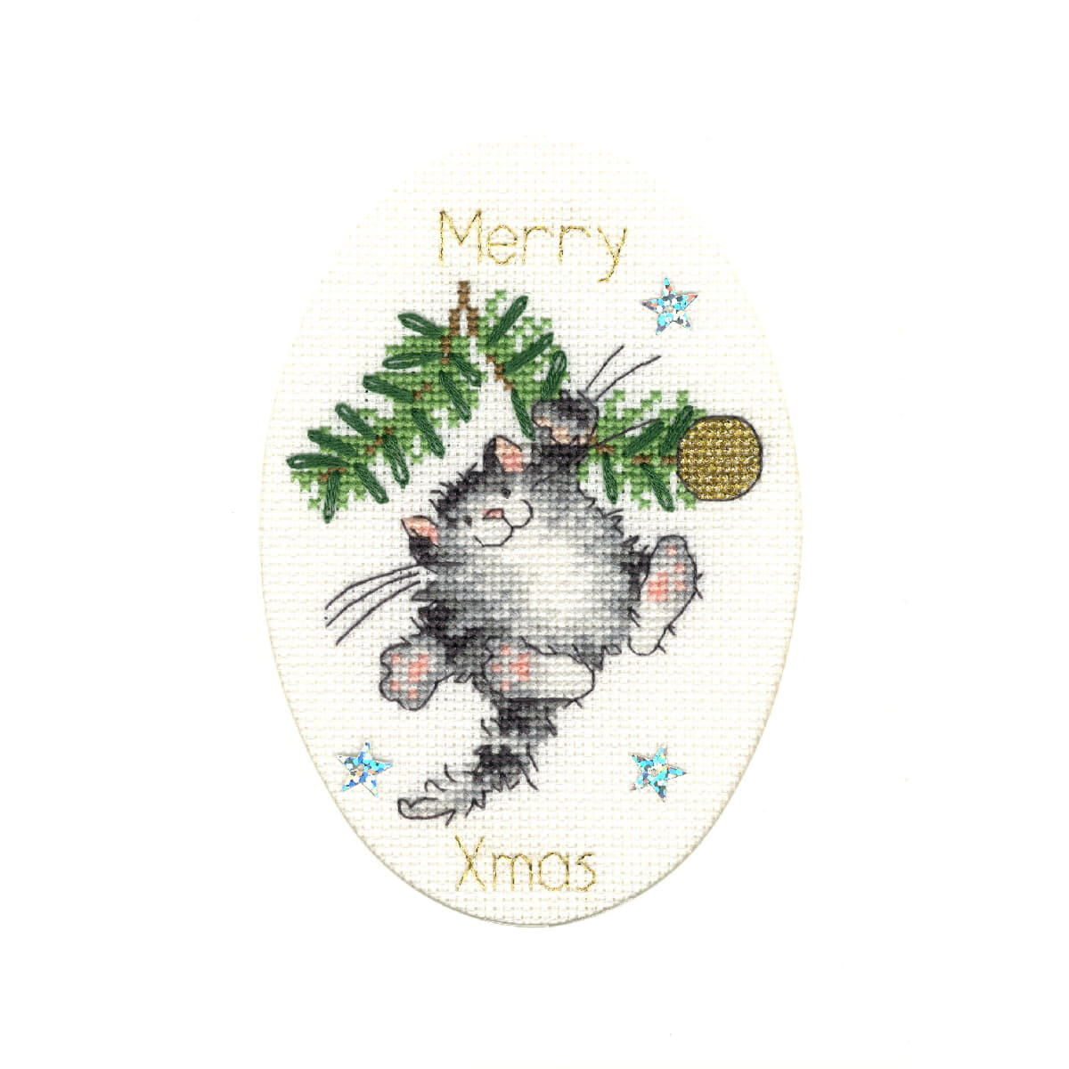 A cross-stitch picture shows a playful gray cat hanging...