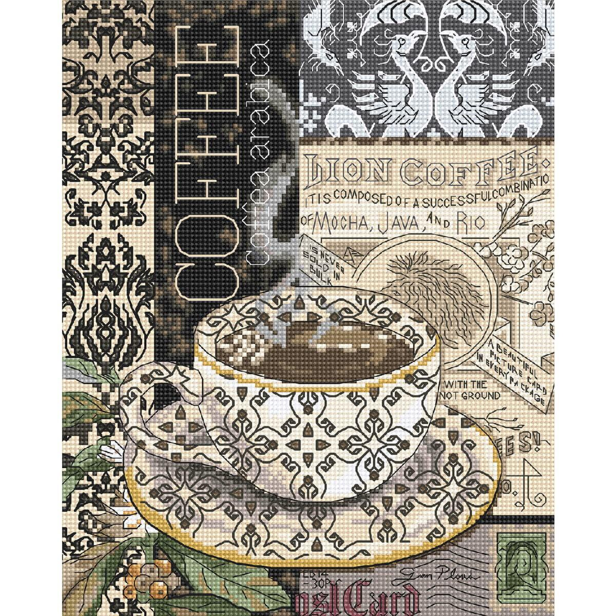 A collage shows a vintage-style coffee cup with intricate...