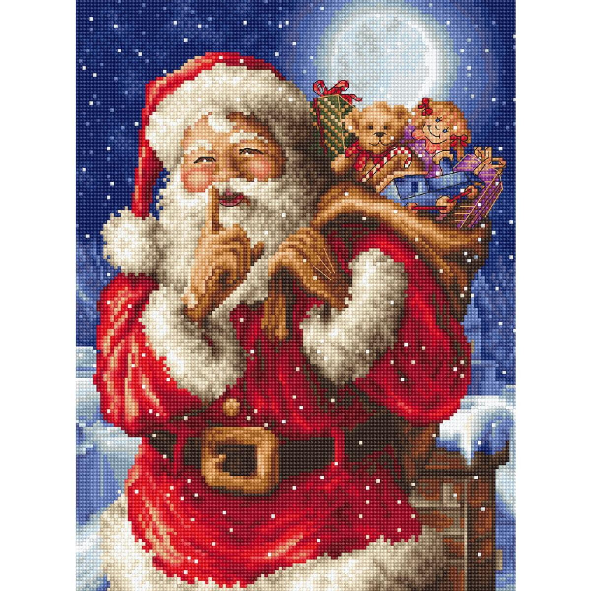 One painting shows Santa Claus, dressed in his iconic red...