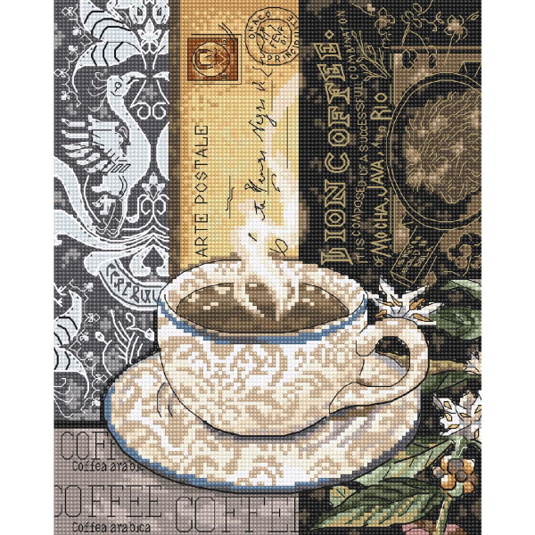 Detailed cross stitch artwork or **embroidery pack by Letistitch** featuring a steaming cup of coffee in a decorated beige and white cup and saucer. The background contains coffee-related text, stamps and vintage-style graphics. Near the cup are floral accents that complement the intricate design.