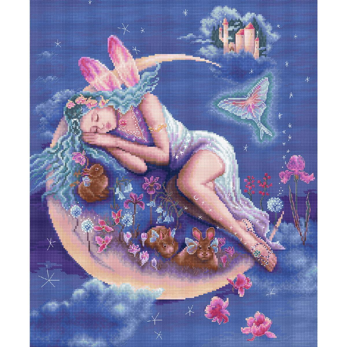 A fairy with pastel-colored wings and blue hair sleeps on...