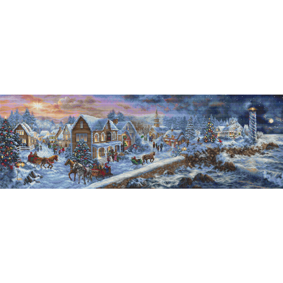 A picturesque snow-covered village scene at dusk,...