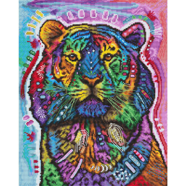 Ein lebendiges Kunstwerk im psychedelischen Stil, das einen Tiger darstellt, der als Letistitch-Stickpackung erstellt wurde. Das Gesicht des Tigers ist in einem Regenbogen aus Farben dargestellt und mit komplizierten Mustern und Formen geschmückt. Der Hintergrund ist eine Mischung aus Blau-, Rosa- und Lilatönen, die die surreale Qualität des Letistitch-Bildes verstärkt.