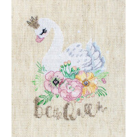 A cross-stitch pattern on light beige fabric shows a white swan with a golden crown and pink beak. The swan is surrounded by colorful flowers, including pink, yellow and orange blossoms with green leaves. The word believe is embroidered in gold thread under the swan and flowers. Perfect for fans of embroidery packs from Letistitch!