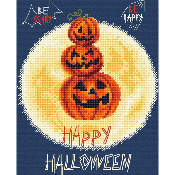 A pixel art image with three jack-o-lanterns stacked on top of each other in front of a large yellow full moon is reminiscent of the charm of Letistitch stickpack. Spider webs adorn the top corners, with BE SCARY on the left and BE HAPPY on the right. HAPPY HALLOWEEN is written at the bottom in a playful, spooky font.