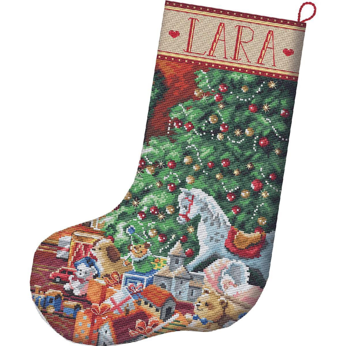 A festive Christmas stocking with the word Lara at the...