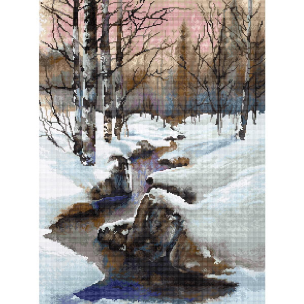 Een pixel art weergave van een winterlandschap met een klein, rustig beekje dat gedeeltelijk bedekt is met sneeuw. Kale bomen met witte schors omzomen de beek en de lucht is geschilderd in zachte tinten roze en oranje, die doen denken aan een zonsopgang of zonsondergang. Sneeuw bedekt de grond in een vredige scène die een inspiratie zou kunnen zijn voor een borduurpakket van Luca.