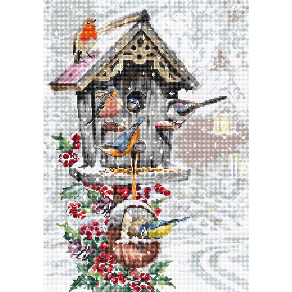 A snowy scene shows a birdhouse with several colorful...