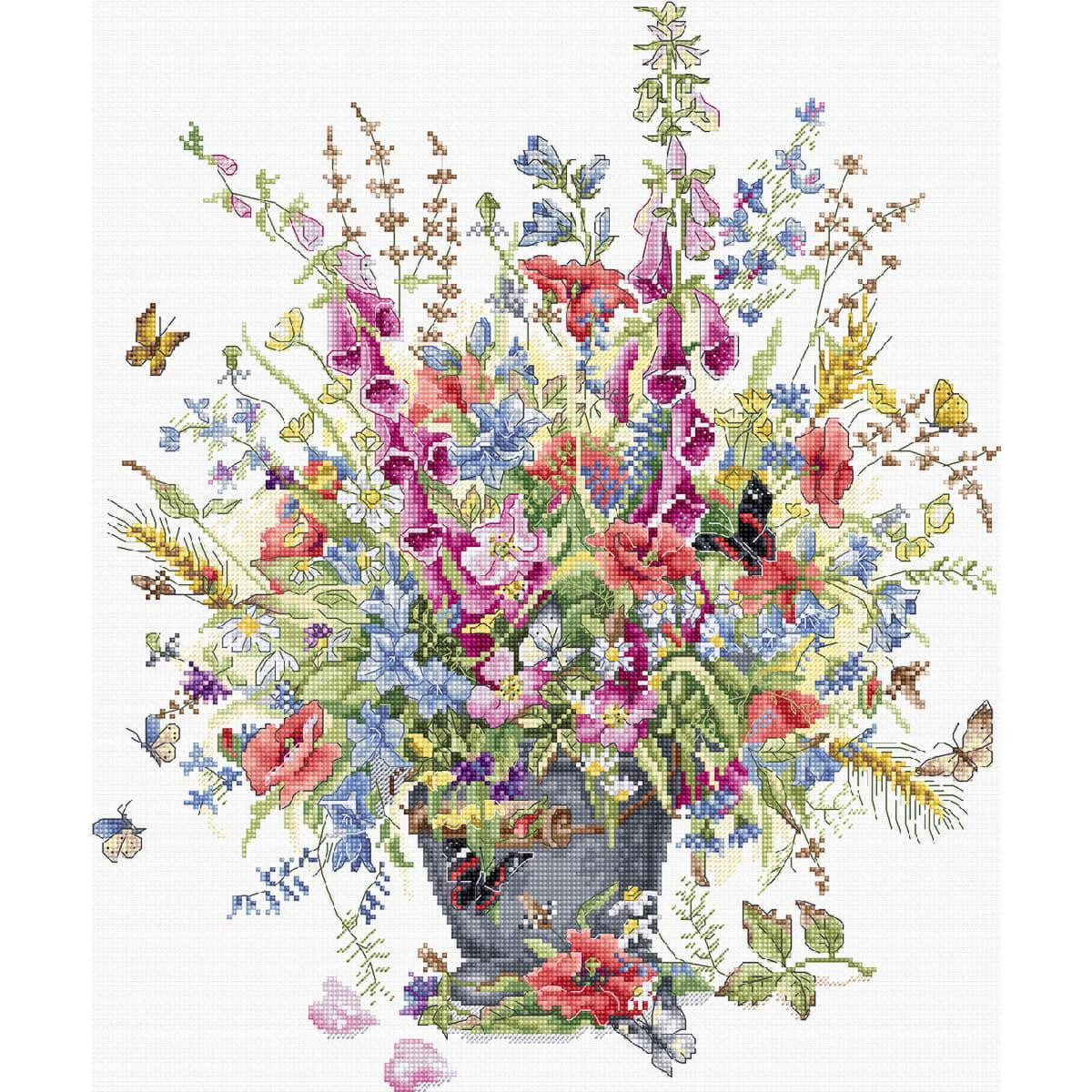 A lively cross-stitch pattern shows a colorful bouquet of...