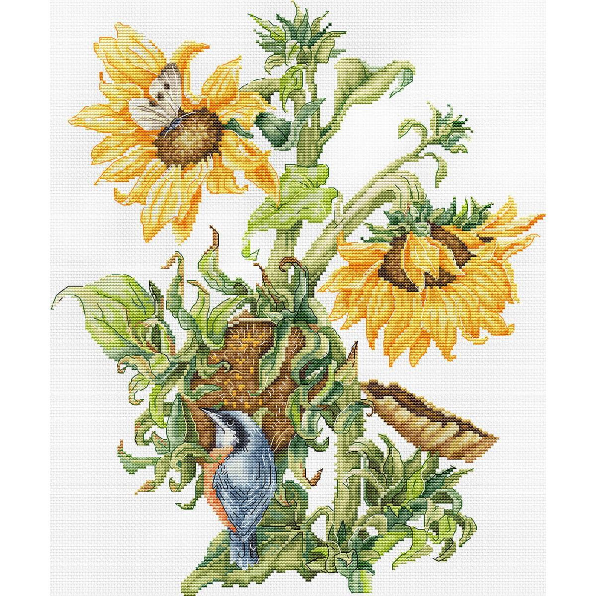 A charming cross stitch design features wilted sunflowers...