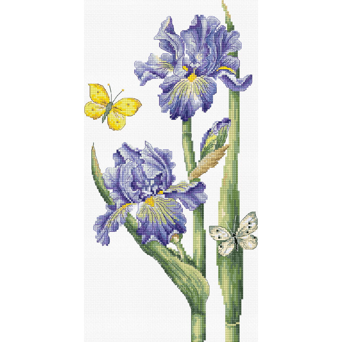 A cross stitch pattern with two bright purple irises with...