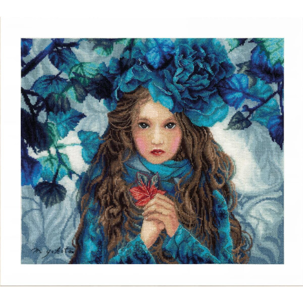 Lanarte Juego de punto de cruz "Chica con flores azules", dibujo para contar, 38x32cm
