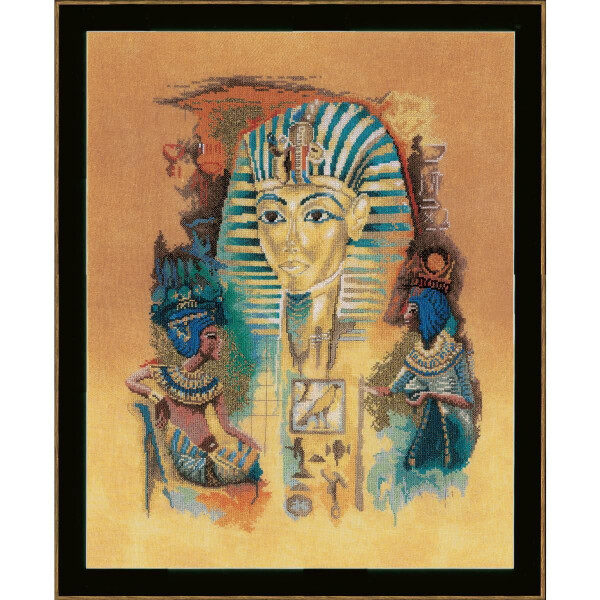 A framed work of art shows ancient Egyptian motifs. In the center is a golden pharaohs mask with blue stripes. Around it are hieroglyphs and on either side are two Egyptian figures dressed in colorful traditional clothing. The background, reminiscent of cross-stitch patterns, is a mixture of warm tones that convey a historical essence. This captivating scene is brought to life by Lanartes embroidery pack.