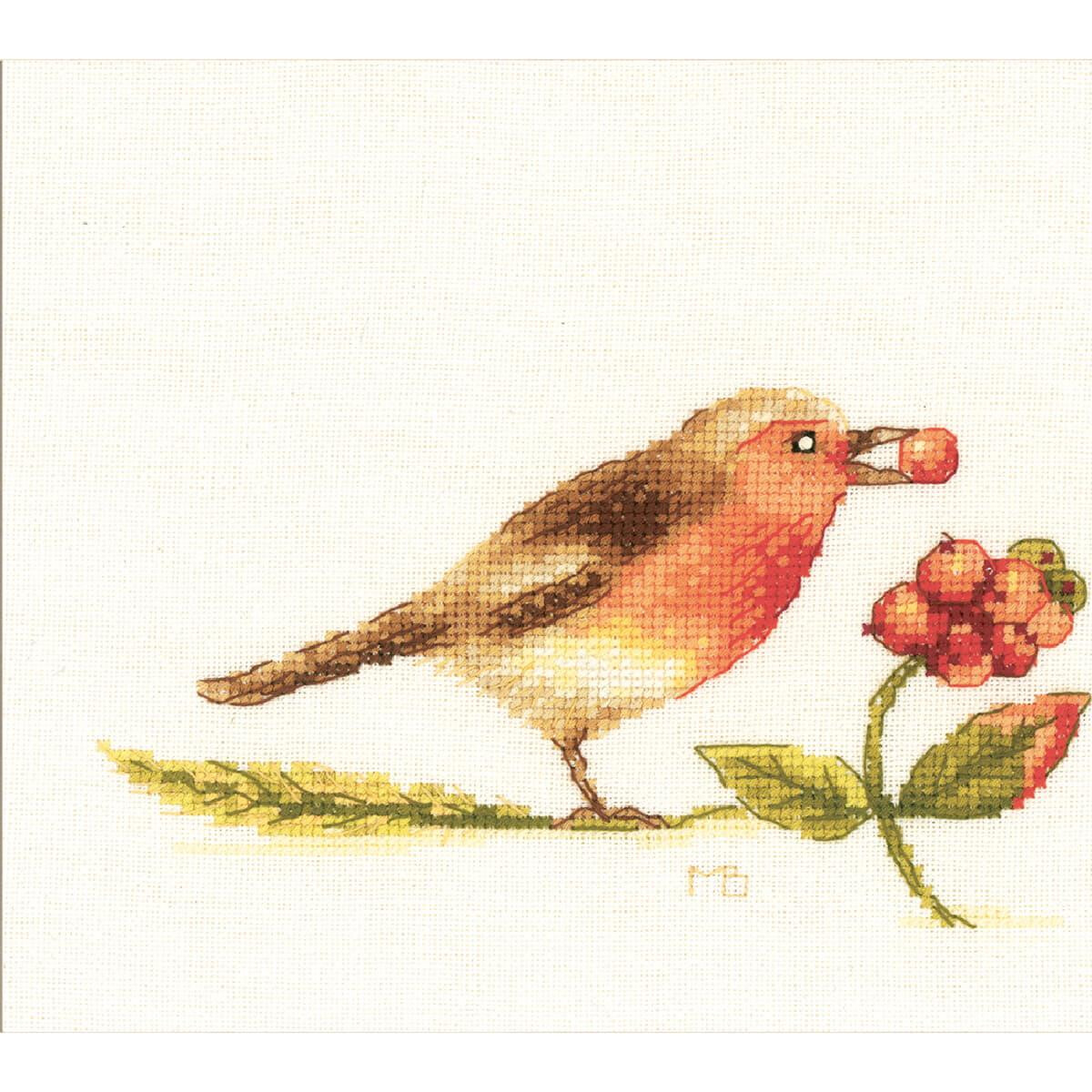 An embroidery pack from Lanarte shows a bird with brown...