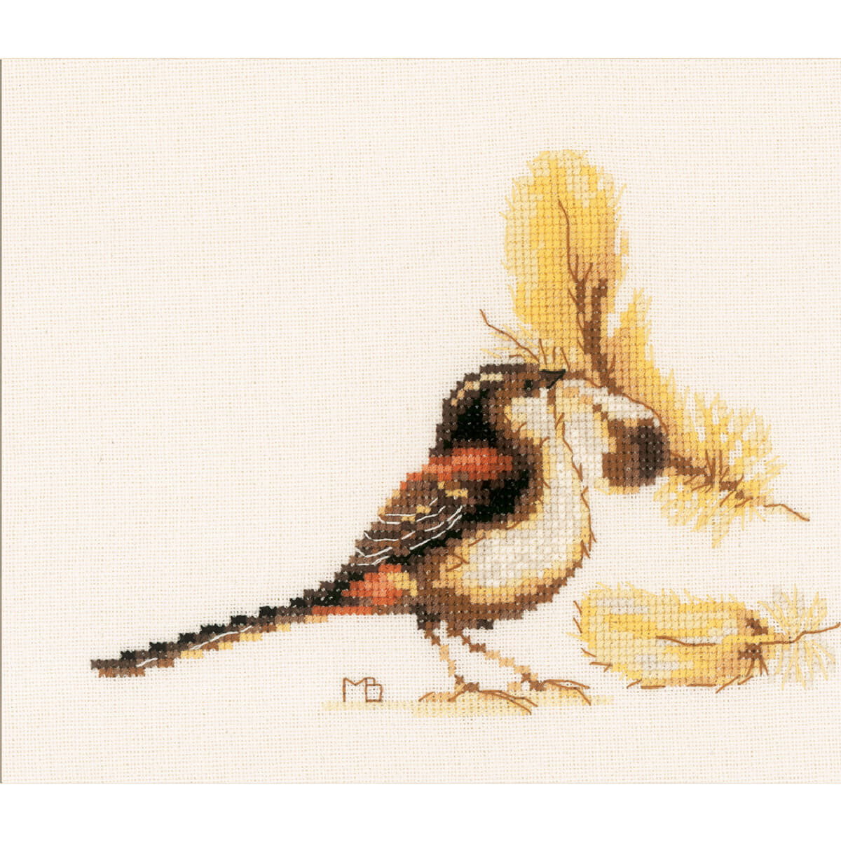 A cross-stitch embroidery of a bird with brown, black and...