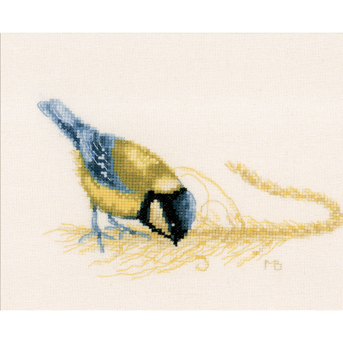 A Lanarte embroidery pack with a blue and yellow bird...