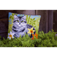 Vervaco Kreuzstichkissen "Katze zwischen Blumen", Stickbild vorgezeichnet, 40x40cm