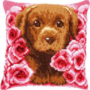 Подушка для вышивания крестом Vervaco "Маленькая собачка между розами", предварительно нарисованный дизайн вышивки, 40x40 см