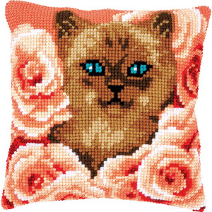 Vervaco stamped cross stitch kit cushion "Kätzchen zwischen Rosen", 40x40cm, DIY