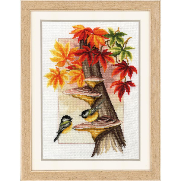 Vervaco counted cross stitch kit "Chichadees between autumn Leaves ", 26x37cm, DIY
