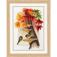 Vervaco counted cross stitch kit "Chichadees between autumn Leaves ", 26x37cm, DIY