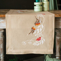 Vervaco stamped cross stitch kit tablechloth "Rotkehlchen im Winter", 40x100cm, DIY